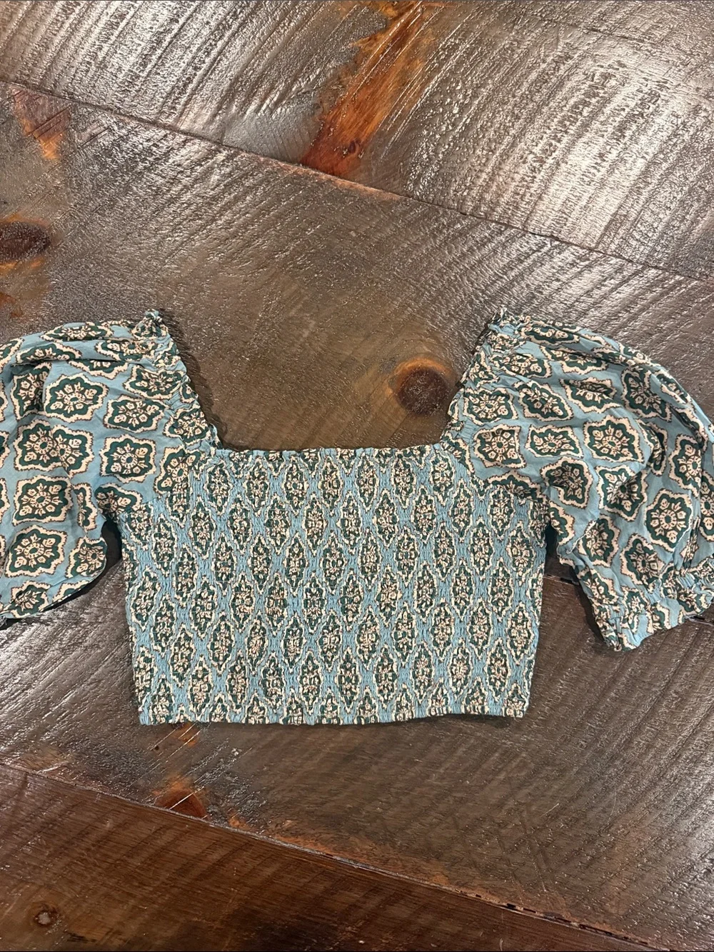 Zara Teal Patterned Smocked Crop Top with Puff Sleeves